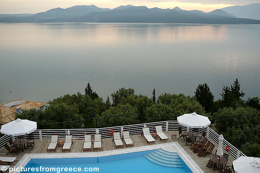 From Adriatica Hotel in Nikiana, you have a fantastic view of the sea and away towards the Greek mainland. Lefkada.