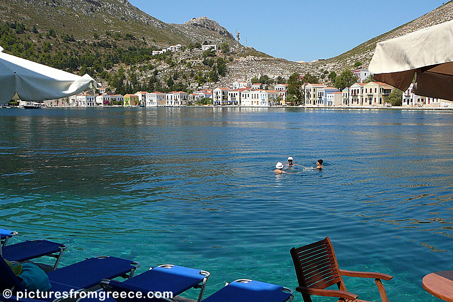 There are no beaches in Megsti, but the whole harbor is like a big swimming pool.