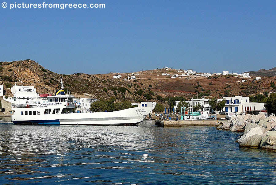 The car ferry Panagia Faneromeni runs between Kimolos and Pollonia at Milos.